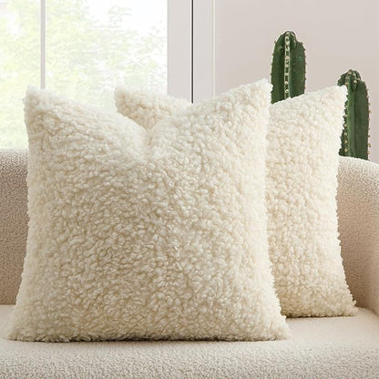MIULEE Pack of 2 Throw Pillow Covers 18x18 Inch Neutral Cream White Faux Fur Decorative Sherpa Pillow Covers Fuzzy Accent Soft Sheepskin Fleece Cushion Cases for Boho Home Decor Couch Living Room Bed