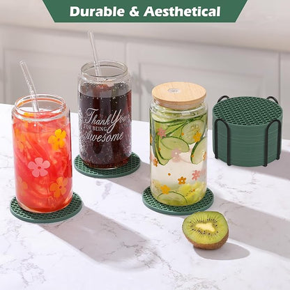 Silicone Coasters Set of 8 with Holder,Coasters for Drinks,Beer,Coffee Coasters,Suitable for Kinds Cups,Hot or Cold,Anti-SLI,Non-Stick,Anti-Overflow Tabletop Protection and Decor (8 Pcs, Green)
