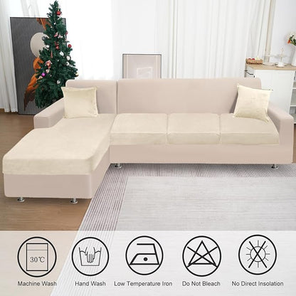 Sectional Couch Covers for 4-Piece Seat Cushion Velvet Separate L Shape Couch Cover Stretch Sofa Slipcover with 2 Pieces Pillowcases Furniture Protector (Sofa 3 Seater + 1 Chaise, Milk White)