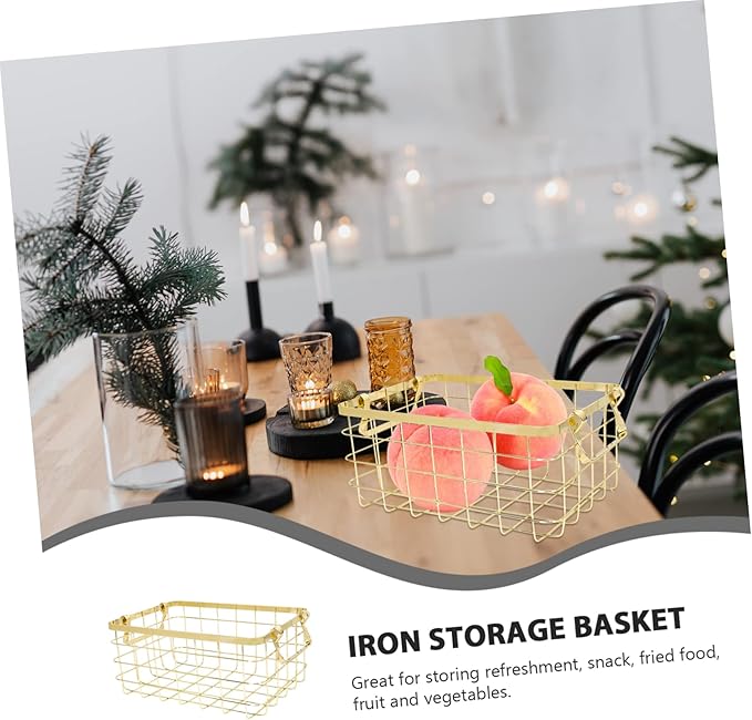 GLEAVI Nordic Style Metal Wire Basket with Handles Decorative Iron Storage Basket for Fruits Vegetables and Sundries Portable Organizer for Home and Kitchen