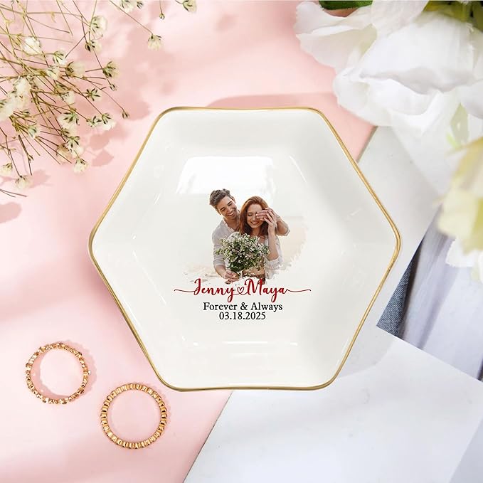 Personalized Photo Wedding Ring Dish Gifts for Couples, Married Jewelry Tray Ring Holder, Wedding Gifts for Women Newlywed Future Bride To be, Anniversary Engaged Gift for Mr Mrs Wife Husband