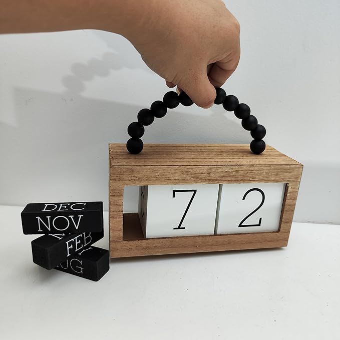 Wooden Perpetual Calendar for Desk, Metal Wood Month Date Display for Teachers, Students, Classroom, Rustic Farmhouse Office Decor, Desk Accessories (Black wood beads)