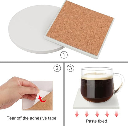 GNIEMCKIN 50 Pieces 4 Inch Round and Square Blank Ceramic Coasters, Unglazed Ceramic Tiles Coasters with Cork Backing Pads for Painting, DIY Crafts, White.