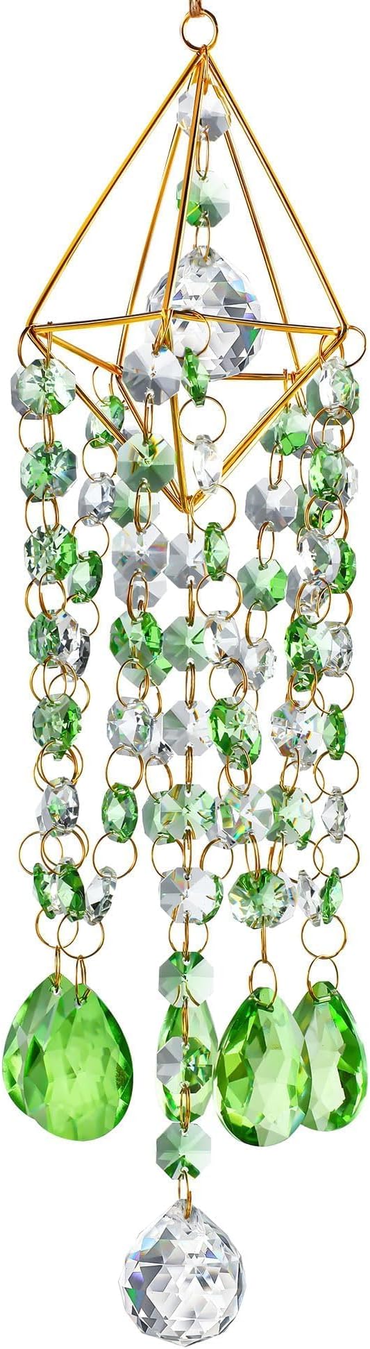 HDCRYSTALGIFTS Crystal Suncatcher Glass Wind Chimes Style Sun Catchers Indoor Window Rainbow Prisms Suncatcher for Window Hanging Home Garden Decor (21.5inch,Green)