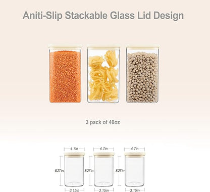 Urban Green Glass Food Storage Jar with Glass Lid in Ractangle Shape, Food Canister Set with Airtight Lids, Pantry Storage Jar for Kitchen Organization. Food Storage Containers in Pack of 3, 40oz.
