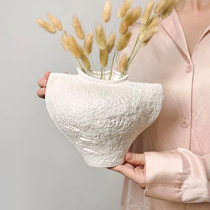 White Ceramic Vase, Modern Farmhouse Style for Table, Kitchen, Bookshelf, Entryway, Counter, Vanity Decor, Stone Textured Small Artistic Handmade Vase for Pampas Grass, Flowers