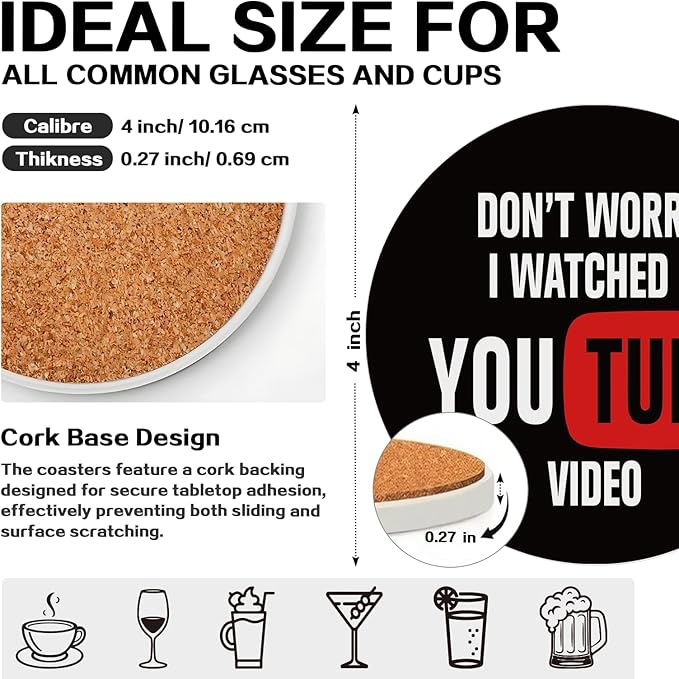 zcyhtqp, Don't Worry I Watched a You Tube Video, Funny Absorbent Round Ceramic Stone Coasters Set of 4 with Cork Base, Gifts for Home, Kitchen, Bar, Coffee Table, Office Table Décor