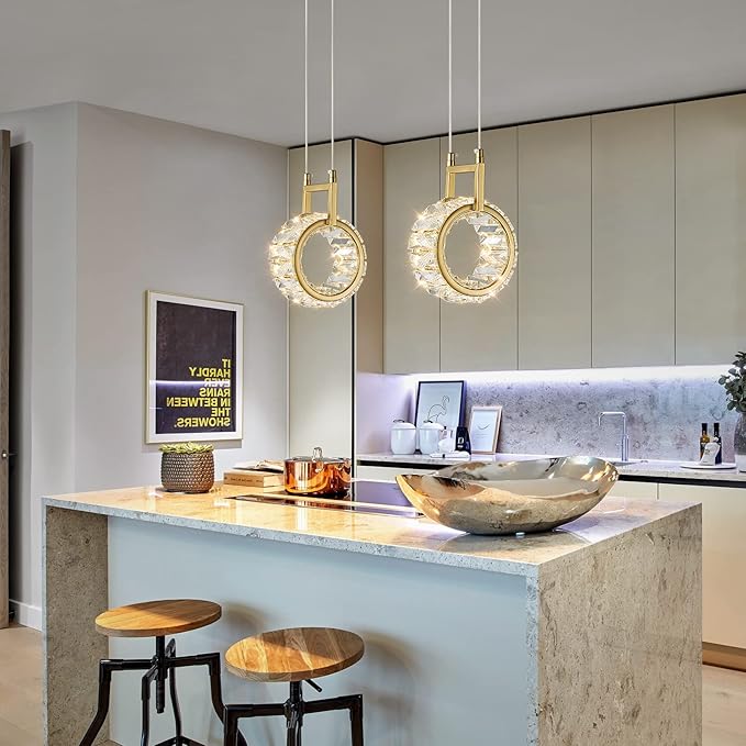 Kitchen Island Mini Light Fixture Modern Led Crystal Pendant Light Gold Round Chandelier for Dining Room Living Room Kitchen Bedroom Bar（1-Pack）