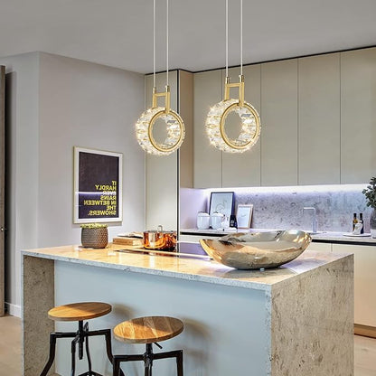 Kitchen Island Mini Light Fixture Modern Led Crystal Pendant Light Gold Round Chandelier for Dining Room Living Room Kitchen Bedroom Bar（1-Pack）