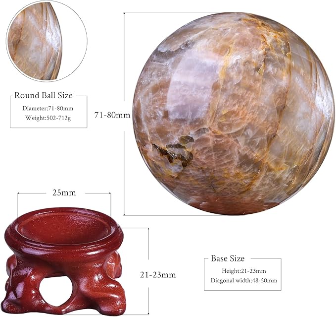moonsix Natural Orange Moonstone Crystal Sphere with Resin Stand Healing Energy Stone Decorative Ball Sculpture for Home Office Tabletop, 71-80 mm