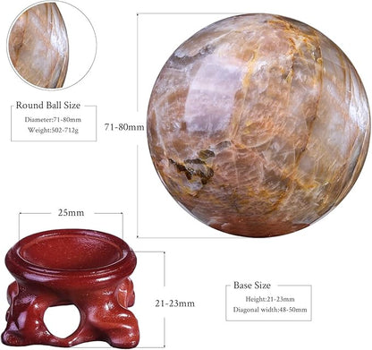 moonsix Natural Orange Moonstone Crystal Sphere with Resin Stand Healing Energy Stone Decorative Ball Sculpture for Home Office Tabletop, 71-80 mm