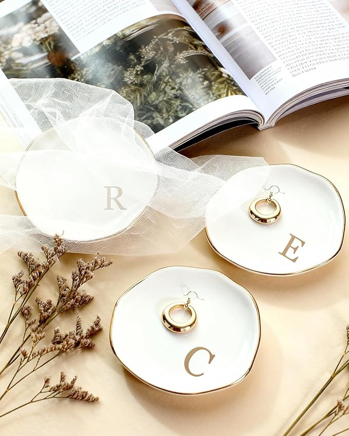 Fmeida Jewelry Tray Ring Dish for Women, Initials Ceramic Jewelry Dish, Personalized Aesthetic Decorative Birthday Valentines Mother's Day Christmas Gifts, 4.5", Rose Gold L