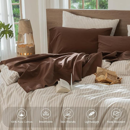 MooMee Bedding Sheet Set 100% Washed Cotton Linen Like Textured Breathable Durable Soft Comfy (Solid Cocoa Brown, King)