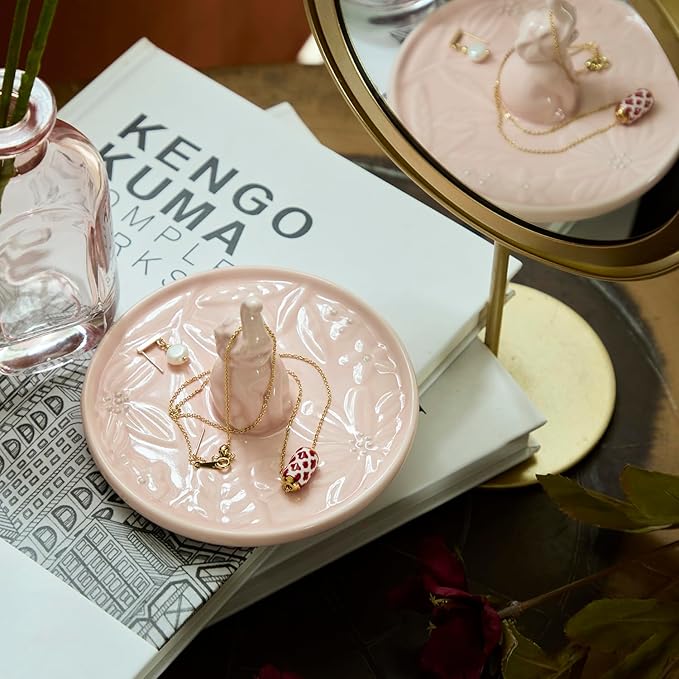Ceramic Elephant Jewelry Tray - Hand-Painted Trinket Dish & Ring Holder for Dresser, Elephant Themed Home Decor Organizer Bowl for Nightstand, Bathroom Counter (Pink)