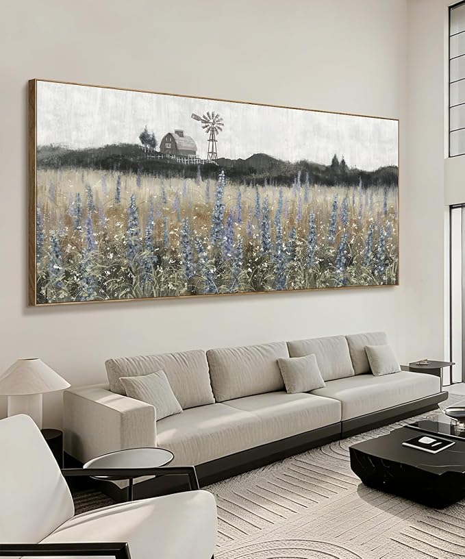 Nicetop Extra Large Vintage Framed Wall Art Nature Wilderness Lavender Flower Meadow Landscape Retro Farmhouse Windmill Barn Wildflower Canvas Print Oversized Artwork for Living Room Office 86x 39inch