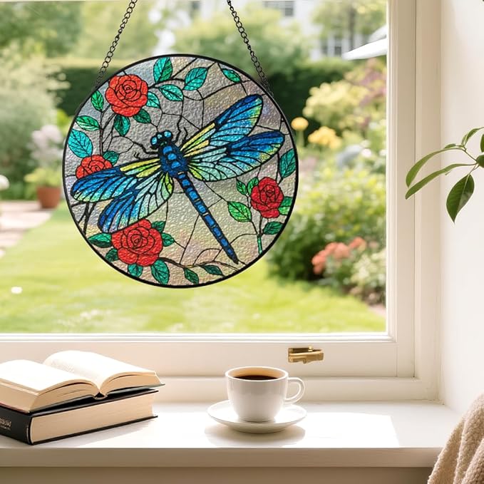 Sun Catcher Stained Glass Window Hanging 8 inch Dragonflies Suncatcher Wall Art Home Decor Sun Catchers Decoration for Garden Home Housewarming Gifts