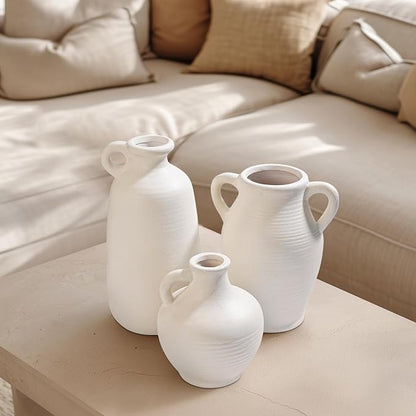 Sunddo White Ceramic Vase for Home Decor, 8 inch Farmhouse Flower Vase with 2 Handles, Rustic Boho Pottery for Room Decor Aesthetic, Bathroom Table Fireplace Decorative