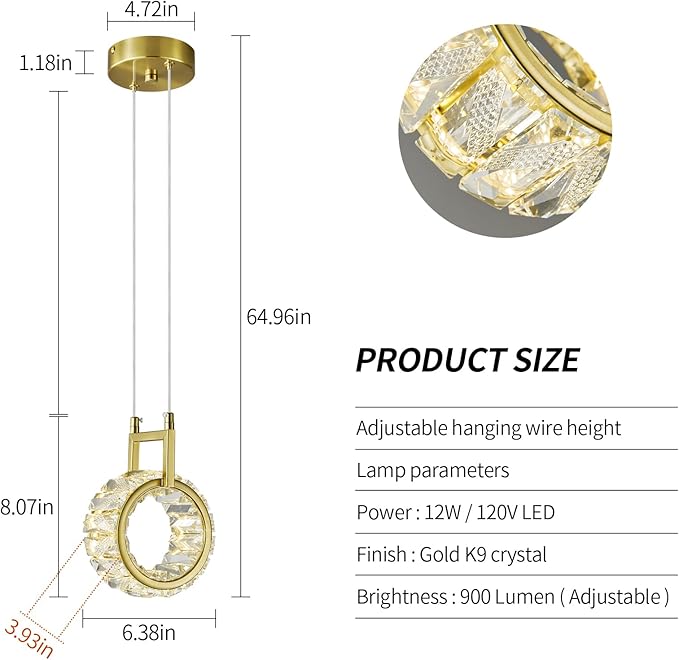 Kitchen Island Mini Light Fixture Modern Led Crystal Pendant Light Gold Round Chandelier for Dining Room Living Room Kitchen Bedroom Bar（1-Pack）
