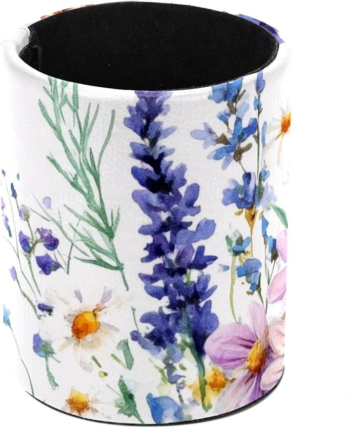 Wildflowers Purple Bluebell Sage Chamomile with Butterflies Pen Holder for Desk, Round Pencil Cup Desktop Stationery Organizer for Home Office School Desk Brushes Storage