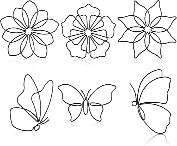 Hotop 6 Pieces Metal Butterfly Wall Decor Metal Wall Art Heart Hanging Decorations Wire Flowers Decals Decor for Kitchen Bathroom Indoor Outdoor Wedding Birthday Party(Stylish,Black)