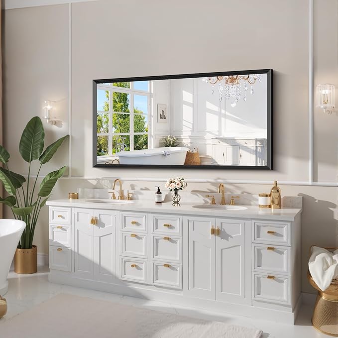 Black Bathroom Mirror 60 x 30 Inch Rectangle Wave Beveled Frame for Wall Bathroom Vanity Mirror for Over Sink, Tempered Glass,for Entryway Hangs, Bathroom Living Room Horizontal or Vertical