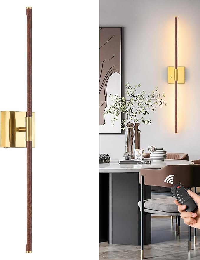 40″ Walnut Battery Operated Wall Sconces, Dimmable Wall Sconce with Remote Control, Rechargeable Sconces Wall Lighting, LED Wireless Wall Lights for Bedroom, Living Room, Bathroom