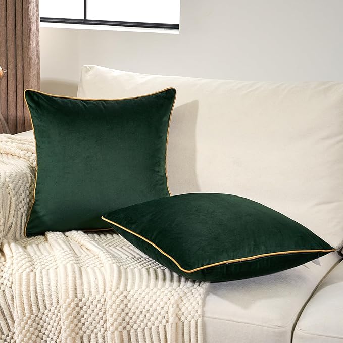Aeckself Pack of 2 Green Velvet Pillow Covers 20 x 20 Inch, Modern Luxury Decorative Pillowcase with Gold Trim Edge, Comfortable Soft Solid Cushion Case for Couch Bedroom Living Room
