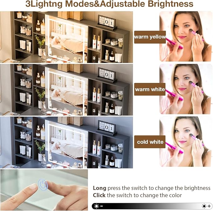 Large Makeup Vanity Desk with Lighted Mirror & Power Outlet,Dresser Table with 3 Lighting Modes Brightness Adjustable,Drawers,Shelves,Hair Dryer Stand for Bedroom,Black (No Stool)