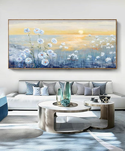 Nicetop Oversized Ocean Sunset Framed Wall Art for Living Room Extra Large Coastal Beach White Flowers Canvas Print Blue Sea Natural Scenery Picture Calm Warm Seaside Artwork for Home Office 86x39inch