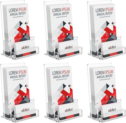 NIUBEE 6-Pack Acrylic Brochure Holder 4‘’ , Clear Brochure Display Stand with Acrylic Business Card Holder, Plastic Flyer Display Stand for Magazine, Pamphlet, Booklets, Menu, Journals, Business Card