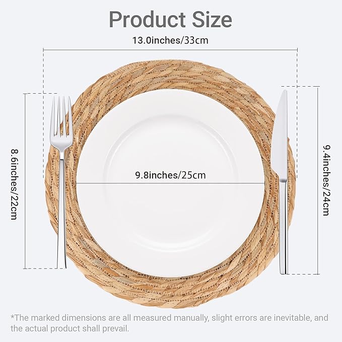 Round Woven Placemats Set of 6-13 Inch Natural Water Hyacinth Place Mats for Dining Table, Boho Farmhouse Kitchen Table Decor, Rustic Braided Table Mats for Daily Use & Holiday Table Setting