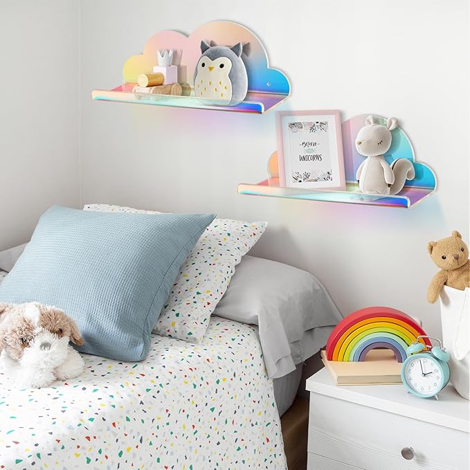 NiHome Extra Large Iridescent Acrylic Floating Shelves, 2 Pack Cloud Shelves - Floating Shelf for Wall, Wall Mountable and Multi-Functional for Home Décor, Bathroom, Kitchen, Bedroom