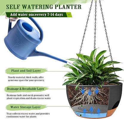 Hanging Planters for Outdoor Indoor Plants, 2 Pack 12 Inch Hanging Basket Plants Outdoor, Self Watering Hanging Planter with Plant Hanger for Garden Home Decoration (Black, 10 inch)