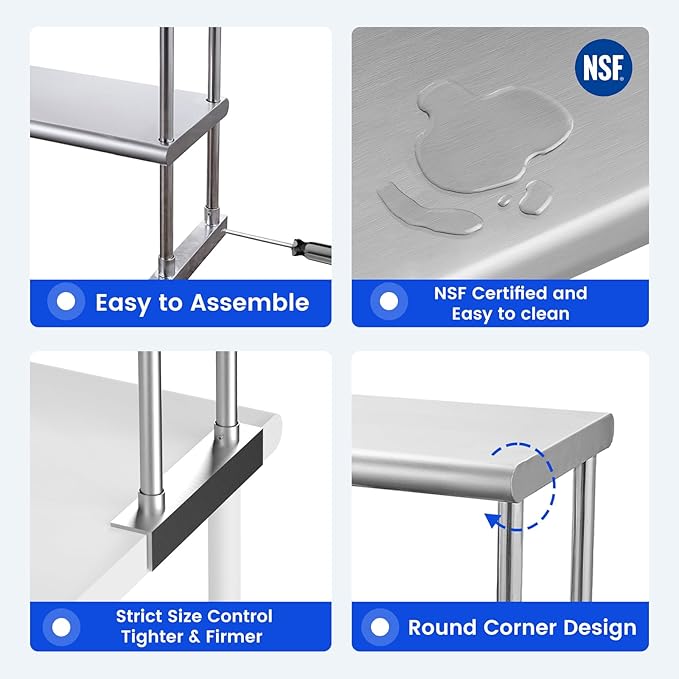 Hally Double Overshelf of Stainless Steel 12'' x 30'' Weight Capacity 340lb, Commercial 2 Tier Shelf for Prep & Work Table in Restaurant, Home and Kitchen