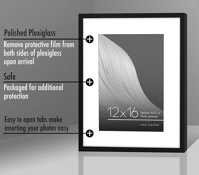 Americanflat 12x16 Picture Frame with Polished Plexiglass - Use as 8x12 Frame with Mat or Display 12x16 Photo Without Mat - Streamline Collection - Thin Border Picture Frames for Wall - Black