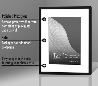 Americanflat 12x16 Picture Frame with Polished Plexiglass - Use as 8x12 Frame with Mat or Display 12x16 Photo Without Mat - Streamline Collection - Thin Border Picture Frames for Wall - Black