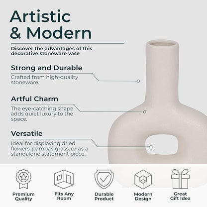 Decorative Flower Vase for Home Decor – Ceramic Modern Flower Vase With Open Cut Design, Stylish Table Centerpiece for Living Room or Entry Display, Modern for Faux Flowers and Greenery – 8", Ivory