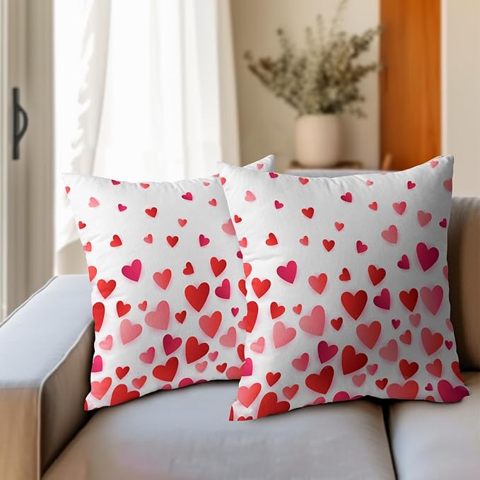 Valentines Day Pillow Covers 18x18 Set of 2 Red Pink Heart Throw Pillow Covers Love Pillowcase Linen Decoration Farmhouse Holiday Cozy Soft Cushion Case Couch for Indoor Outdoor Home Decor