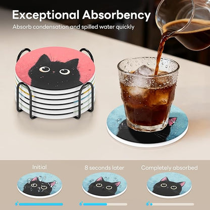6-Piece Ceramic Coaster Set with Tray Diameter: 3.94 in Thickened Absorbent Material Heat-Resistant and Water-Absorbent Coaster Set Suitable for All Types of Cups， Black Cats