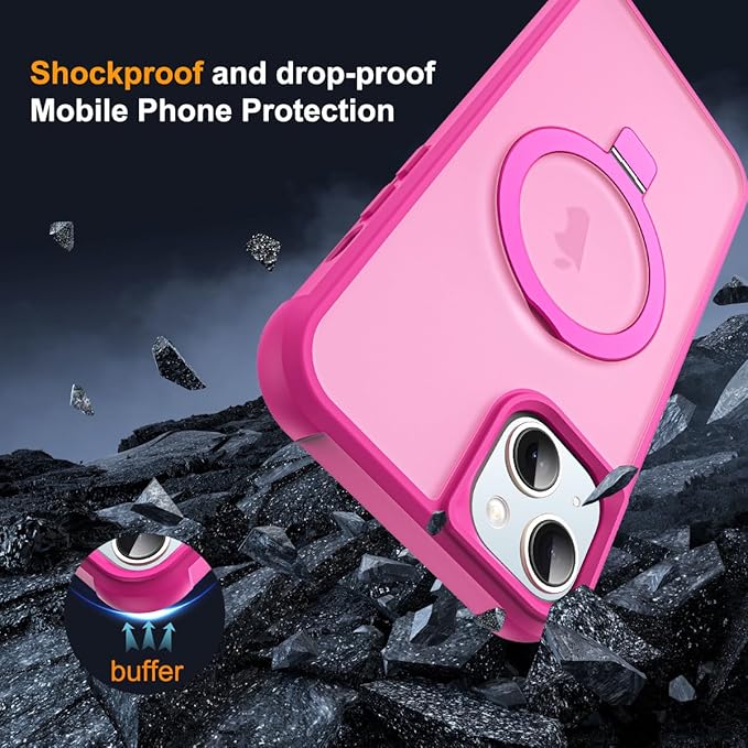 Compatible with iPhone 14 Plus Case with Invisible Magnetic O-Ring Stand Military-Grade Translucent Case for iPhone 14 Plus 6.7" [Compatible with Mag-Safe][Great Grip Feeling], Rose