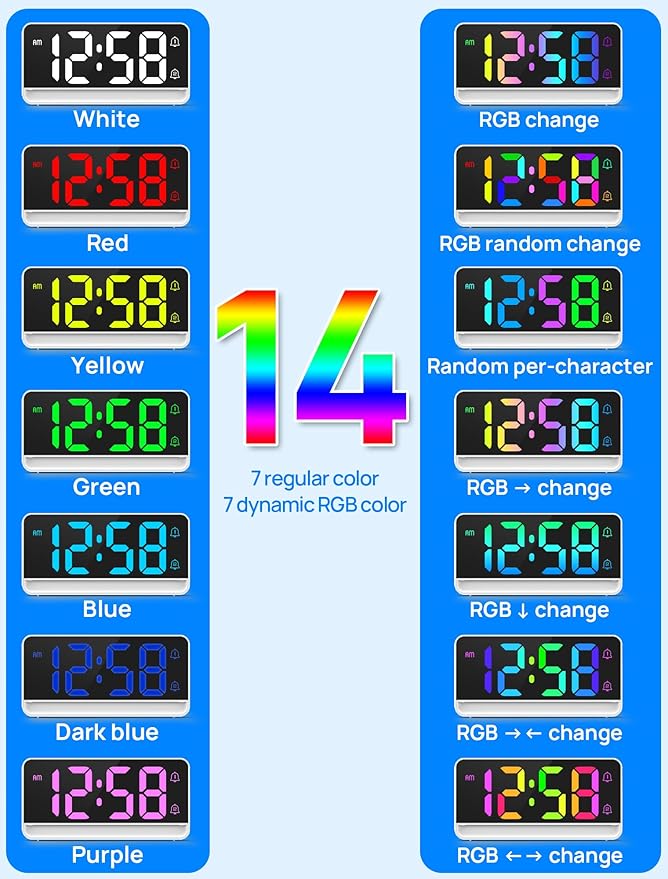 MASHI Loud Alarm Clock for Heavy Sleepers,Digital Clock with 12 Color NightLight,Adjustable Volume,Dynamic RGB Color, Snooze, DST Bedrooms Bedside,ok to Wake for Kids,Teens