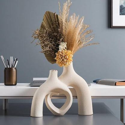 Modern Ceramic Vase, Snuggle Heart-Shaped Abstract Sculpture Vases, Minimalist Boho Home Decor for Living Room Shelf & Table Centerpiece Decorative Vase (Milky White)