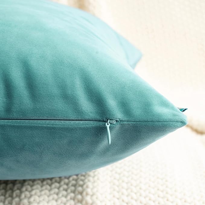 HWY 50 Teal Blue Velvet Throw Pillow Covers 18x18 Inch, Pack of 2 Soft Cozy Solid Decorative Luxury Cushion Cases for Couch Sofa Bed Living Room Bedroom