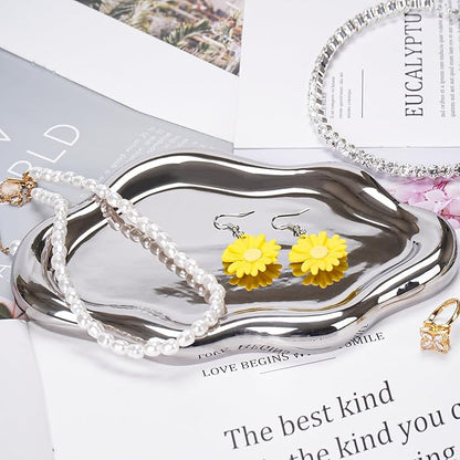 Ceramic Jewelry Tray Dish for Ring Key Trinket, Cute Cloud Shape Decorative Jewelry Plate Holder Room Decor Aesthetic Gift (Silver)