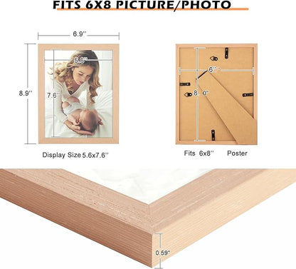 6x8 Frame Natural Woodgrain,Rustic 8x6 Picture Frame Beige, Pic Hanging Poster Frame, 6 by 8 Gallery Family Portrait Photo Frame Horizontal and Vertical Display for Wall Hanging/Tabletop