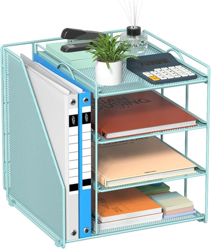 Blue Desk File Organizer and Accessories, 4-Tier Paper Organizer with Vertical File Holder, Office Desk Accessories & Workspace Organizers and Desktop Storage for Office Supplies (Sky Blue)