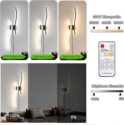 Modern Black Plug in Wall Sconces Set of 2 - Smart Dimmable LED Wall Lights with Remote, 3CCT Adjustable & Memory Function, Timer Setting - No Wiring Needed for Living Room, Bedroom, Hallway