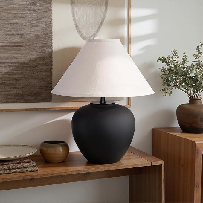 Ceramic Pot Table Lamp 18.5 inch Circular Frosted Nightstand Lamp, Tapered Fabric Shade Bedside, Ceramic Decorative for Living Room Bedroom House Office Entryway, TL1