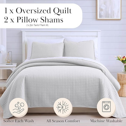Southshore Fine Living, Inc. Queen Quilt Set, Full Size Bedspread with 2 Matching Pillow Shams, Soft Microfiber Lightweight Quilts, Queen Size Coverlet, Easy Care Machine Washable, Light Grey