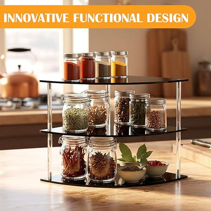 Novabright Acrylic Kitchen Cabinet Organizer with 3 Tier Acrylic Spice Organizer 10 x 10 x 4.17 Inch Black Plate Display Rack Fan Shaped Shelf for Kitchen Bathroom Countertop Desk Dishes Bowls Storage
